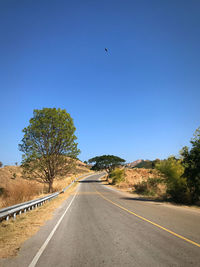 Road by trees against clear blue sky