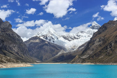 Scenic view of lake and snowcapped mountains against sky