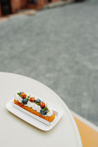 High angle view of dessert in plate on table