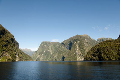 Scenic view of lake and mountains against clear sky