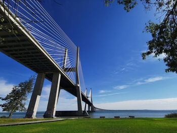 Low angle view of bridge against blue sky