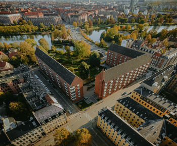 High angle view of buildings in city