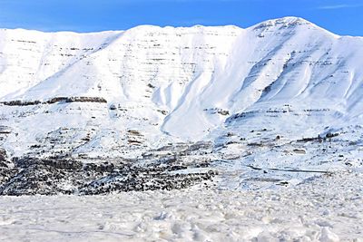 Scenic view of snow covered mountains