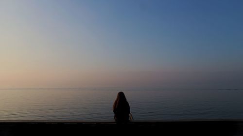 Rear view of woman sitting against sea at beach