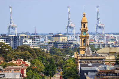 High angle view of city hall and cranes