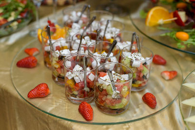 High angle view of fruits in bowl on table