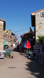 View of buildings against clear blue sky