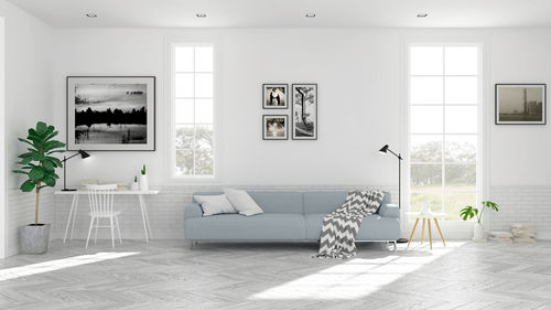 Scandinavian living room interior design, light blue sofa on wood floor