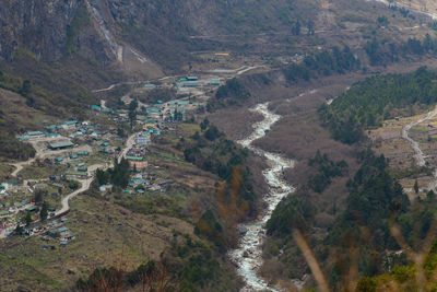 High angle view of trees and mountains