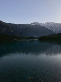 Scenic view of lake and mountains against sky