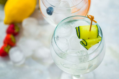 High angle view of drink in glass on table