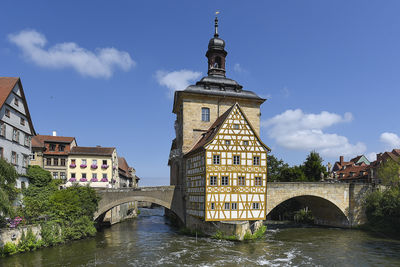 Center of bamberg  with ancient center with bridges, flowers and timbered houses