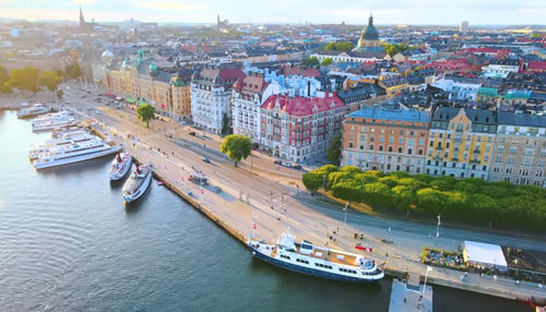 High angle view of buildings in city