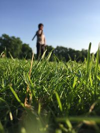 Surface level view of grass with boy standing against clear blue sky