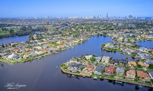 High angle view of city and buildings against sky