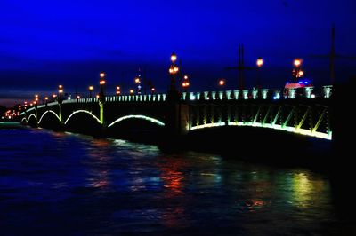 Suspension bridge over river at night
