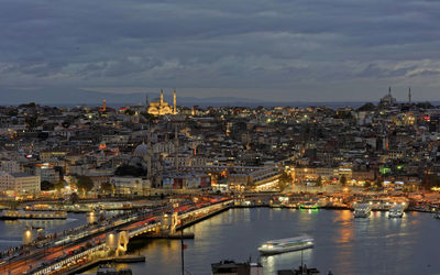 High angle view of illuminated city buildings against cloudy sky from istanbul