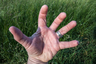 Close-up of human hand on grass