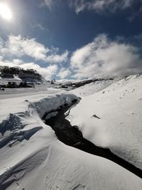 Scenic view of snow covered mountain against sky