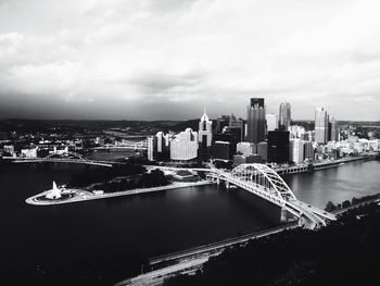 View of cityscape against cloudy sky