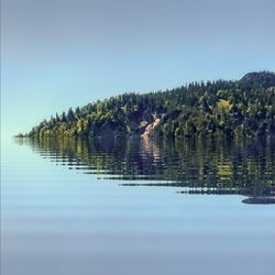 Scenic view of lake against clear blue sky