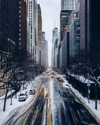 High angle view of road in city during winter