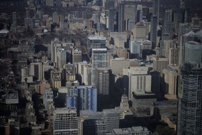 High angle view of modern buildings in city