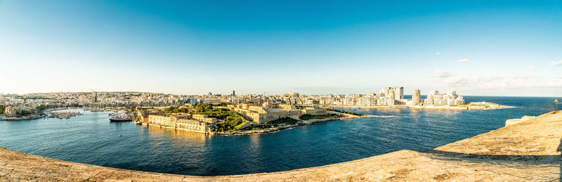 Panoramic view of sea against blue sky