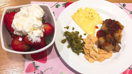 High angle view of dessert in plate on table