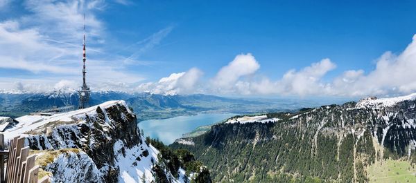 Panoramic view of sea and mountains against sky