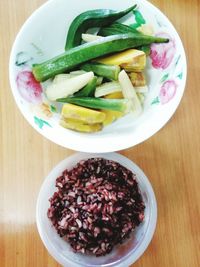 High angle view of salad in bowl on table