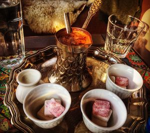 Close-up of bosnian coffee on table