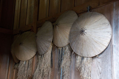 Low angle view of shield hanging wall