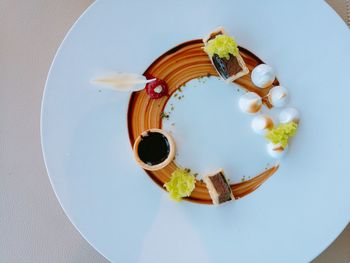 High angle view of dessert in plate on table