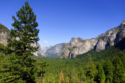 Scenic view of mountains against clear blue sky