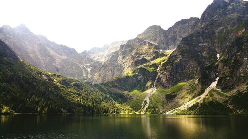 Scenic view of lake by mountains against clear sky