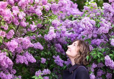 Side view of woman looking up amidst purple hydrangea flowers