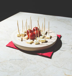 High angle view of red wine on table