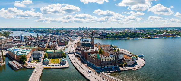 Aerial panoramic view of the old town, gamla stan, in stockholm.