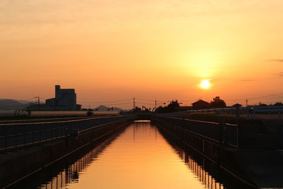 View of city at waterfront during sunset