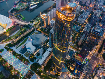 High angle view of city buildings at night