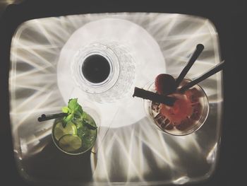 High angle view of wine in glass on table