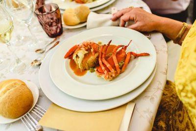 High angle view of food in plate on table