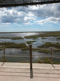 Scenic view of calm sea against cloudy sky