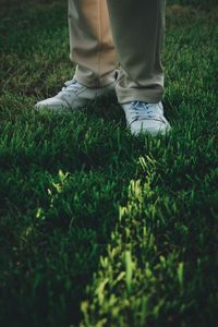 Low section of man standing in field