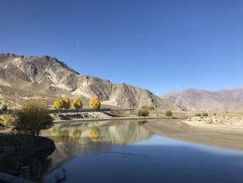 Scenic view of lake and mountains against clear blue sky