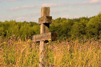 Close-up of cemetery on field against sky