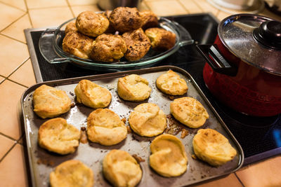 High angle view of cookies in plate on table