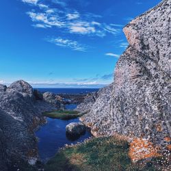 Rock formations by sea against blue sky