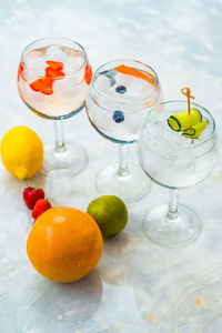 High angle view of fruits in glass on table